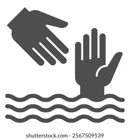 Rescuer hand help drowning man solid icon, human rescue concept. Vector graphics. Water safety sign on white background, glyph style icon for mobile or web design