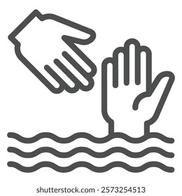 Rescuer hand help drowning man line icon, human rescue concept. Vector graphics. Water safety sign on white background, outline style icon for mobile or web design