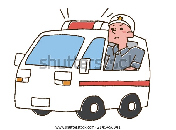 Rescuer heading to the\
scene in an ambulance Comical handwritten person Vector, color on\
line drawing