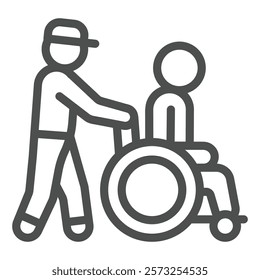 Rescuer help man in wheelchair line icon, human rescue concept. Vector graphics. Human with disabled person sign on white background, outline style icon for mobile or web design