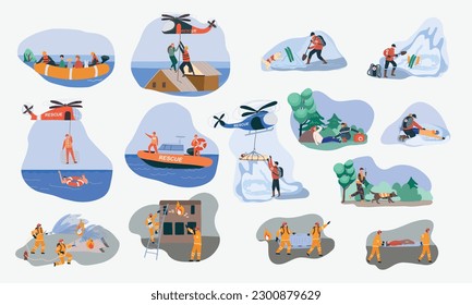 Rescuer icons set with accident symbols flat isolated vector illustration