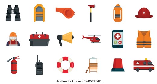 Rescuer icons set flat vector. Hurricane flood. People victim isolated
