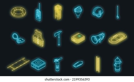 Rescuer icons set. Isometric set of rescuer vector icons neon color on black