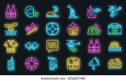 Rescuer icons set. Outline set of rescuer vector icons neon color on black