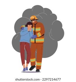 Rescuer Male Character Assists Woman To Escape Burning Building Through Thick Smoke, Carrying Her To Safety Isolated on White Background. Cartoon People Vector Illustration