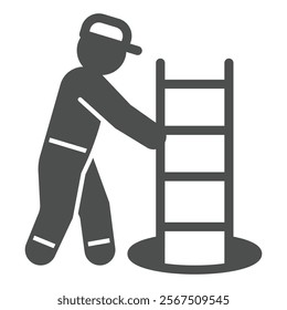 Rescuer man with hole ladder solid icon, human rescue concept. Vector graphics. Human deliver ladder into ground pit sign on white background, glyph style icon for mobile or web design