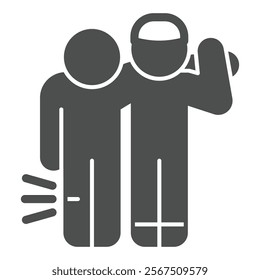 Rescuer man with person and leg injury solid icon, human rescue concept. Vector graphics. Human with leg injury help sign on white background, glyph style icon for mobile or web design