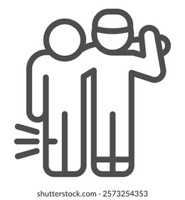 Rescuer man with person and leg injury line icon, human rescue concept. Vector graphics. Human with leg injury help sign on white background, outline style icon for mobile or web design