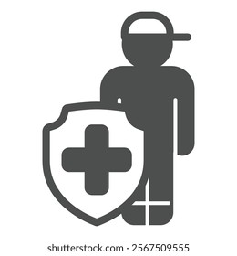 Rescuer man and shield with medical cross solid icon, human rescue concept. Vector graphics. Man with safety emblem sign on white background, glyph style icon for mobile or web design