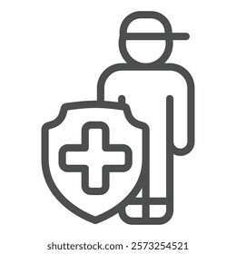 Rescuer man and shield with medical cross line icon, human rescue concept. Vector graphics. Man with safety emblem sign on white background, outline style icon for mobile or web design