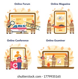 Rescuer online service or platform set. Firefighter or 911 service wearing uniform and assisting first aid to people. Online forum, magazine, conference, examiner. Isolated flat vector illustration