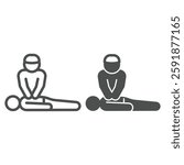 Rescuer performs heart massage line and solid icon, human rescue concept. Vector graphics. Savior man help person sign on white background, outline style icon for mobile or web design