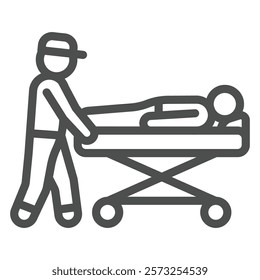 Rescuer with person on stretcher line icon, human rescue concept. Vector graphics. Paramedic man emergency help sign on white background, outline style icon for mobile or web design