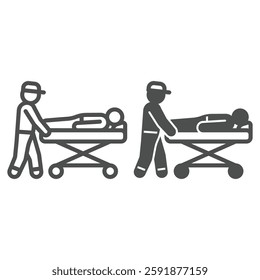 Rescuer with person on stretcher line and solid icon, human rescue concept. Vector graphics. Paramedic man emergency help sign on white background, outline style icon for mobile or web design