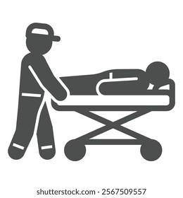 Rescuer with person on stretcher solid icon, human rescue concept. Vector graphics. Paramedic man emergency help sign on white background, glyph style icon for mobile or web design