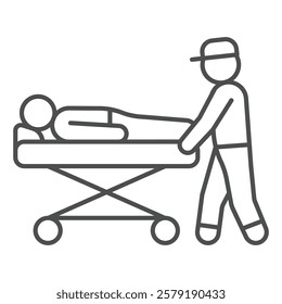 Rescuer with person on stretcher thin line icon, human rescue concept. Vector graphics. Paramedic man emergency help sign on white background, outline style icon for mobile or web design