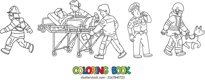 Rescuer, policeman, fireman and paramedics. Black and white vector illustrations. Profession coloring book set. 