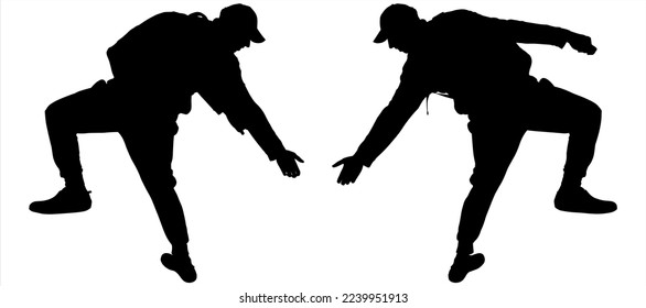 Rescuer. Rescuers lend a helping hand. The guy with a backpack behind his back lowers his hand low and provides assistance. A man with a backpack. Side view, profile. Two black silhouettes isolated	