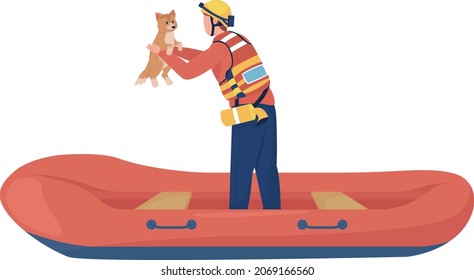 Rescatista salvando el perro del carácter vector de color semiplano de agua. Persona de cuerpo entero sobre blanco. Misión de rescate de agua aislada ilustración de estilo de dibujos animados modernos para diseño gráfico y animación