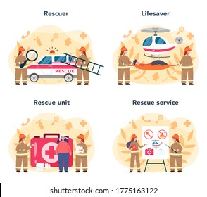 Rescuer set. Firefighter or 911 service wearing uniform and assisting first aid to people. Urgency ambulance help. Isolated flat vector illustration