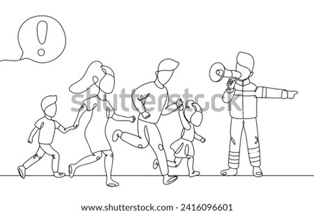 The rescuer shows the population the way to the nearest shelter. Actions to save lives during an emergency. Vector. Images produced without the use of any form of AI software at any stage. 