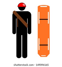 Rescuer silhouette with implements or tools, white background.