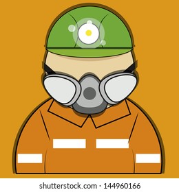 Rescuer silhouette with mascara gray green helmet and orange uniform.