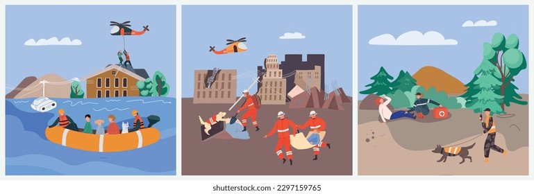 Rescuer square set with searching procedure symbols flat isolated vector illustration