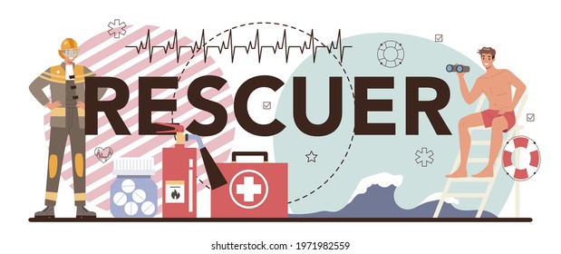 Rescuer Typographic Header. Ambulance Lifeguard In Uniform Assisting First Aid To Injured Person. Lifesaver On A Finding People Operation. Isolated Flat Vector Illustration