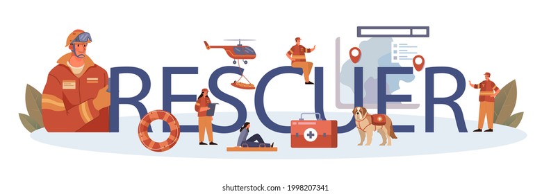 Rescuer Typographic Header. Urgent Help. Ambulance Lifeguard Assisting First Aid To Injured Person. Lifesaver On A Beach Or Finding People Operation. Isolated Flat Vector Illustration