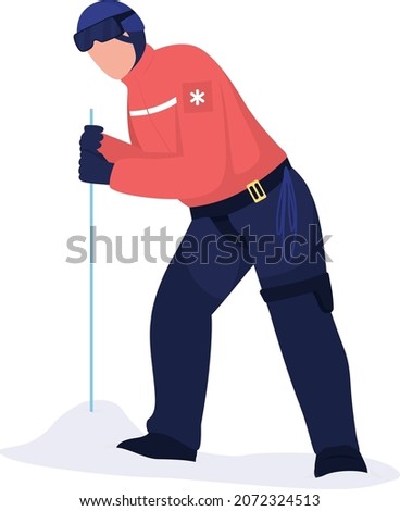 Rescuer using avalanche probe semi flat color vector character. Full body person on white. Identifying victim location isolated modern cartoon style illustration for graphic design and animation