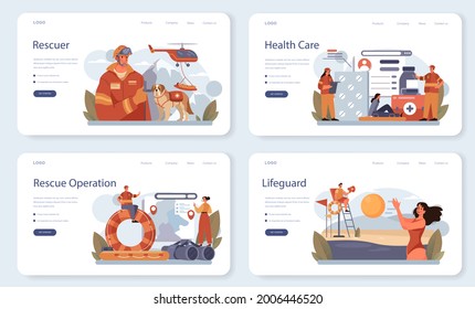 Rescuer Web Banner Or Landing Page Set. Urgent Help. Ambulance Lifeguard Assisting First Aid To Injured Person. Lifesaver On A Beach Or Finding People Operation. Isolated Flat Vector Illustration