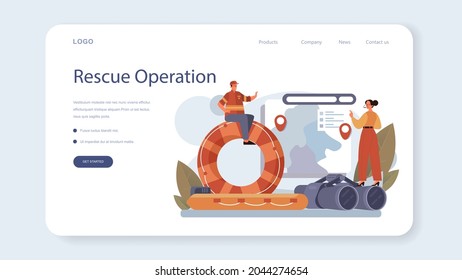 Rescuer Web Banner Or Landing Page. Urgent Help. Ambulance Lifeguard Assisting First Aid To Injured Person. Lifesaver On A Beach Or Finding People Operation. Isolated Flat Vector Illustration