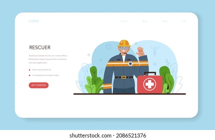 Rescuer web banner or landing page set. Emergency help, ambulance lifeguard in uniform assisting first aid, drowning people saving and finding people operation. Isolated flat vector illustration
