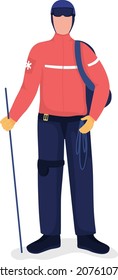 Rescatista en invierno uniforme de color semiplano carácter vector. Figura permanente. Persona de cuerpo entero sobre blanco. Ayuda de emergencia aislada ilustración de estilo de dibujos animados modernos para diseño gráfico y animación