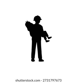 Rescatador en el trabajo. Hombre con traje de protección especializado y casco que lleva a una Pequeña niña en brazos. Signo en blanco y negro