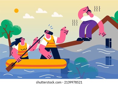 Rescuers in boat help people suffering from flooding. Volunteers or helpers give hand assist woman during natural disaster in city. Waterflooding, deluge cataclysm concept. Vector illustration. 