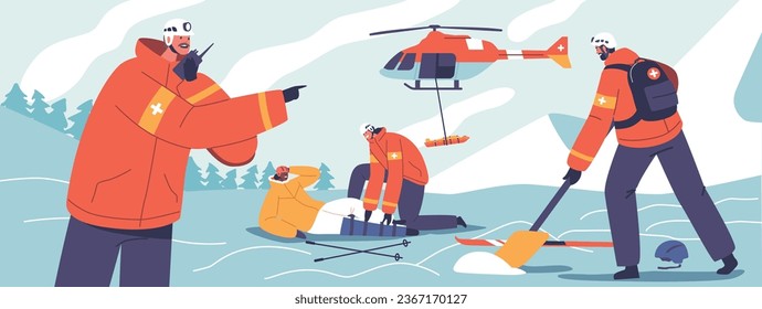 Rescuers Characters Airlift An Injured Skier From The Rugged Mountain Terrain, A Helicopter Descent Offering Hope