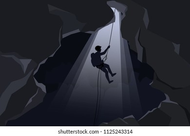 Rescuers or climber fast rope in the dark caves
