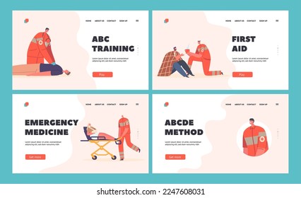 Rescuers First Aid Landing Page Template Set. Medics Pushing Person with Broken Hand on Stretchers, Emergency Doctor Character Pumping Heart to Man Lying on Ground. Cartoon People Vector Illustration