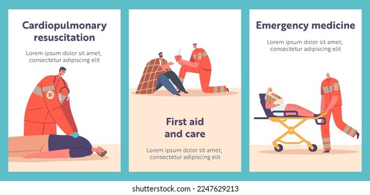 Rescuers First Aid to Victims Cartoon Banners, Medics Pushing Person with Broken Hand on Stretchers, Emergency Doctor Character Pumping Heart to Man Lying on Ground. Vector Illustration, Posters