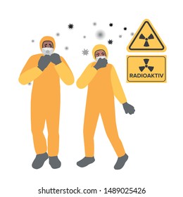 Rescuers in gas masks and radiation protective suits. Radioactive chemical pollution of the environment. Emergency, accident. Vector illustration