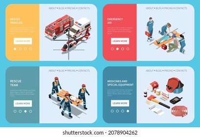 Rescuers isometric set of landing pages rescue vehicle emergency aid medicines and special equipment vector illustration