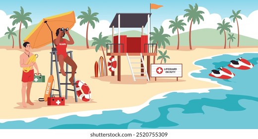 Rescuers keep an eye on floating people. Cartoon sea lifeguards work flat, rescue tower with beach umbrella, danger swimming on water, emergency characters on beach, tidy vector concept