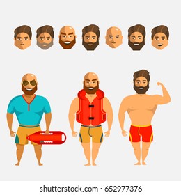 Rescuers on the beach. Man character creation set. Icons with different types of faces, hair mustaches and beards  style, emotions, male person. 