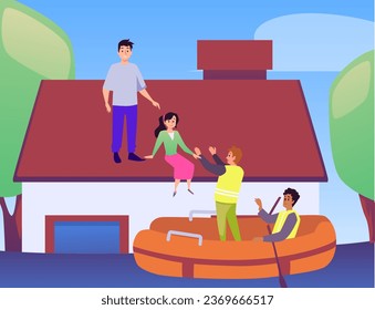 Rescuers remove people from the roof of a sunken house and put them in a boat. Flood or tsunami victim rescue operation, typhoon, flat vector illustration.