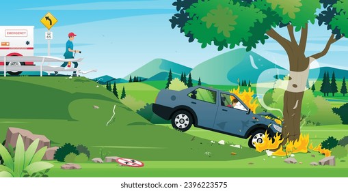 Rescuers rushed to help with a burning car crash.