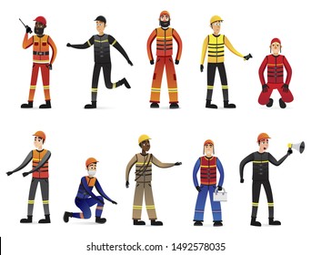 Rescuers Standing in Different Positions Flat Cartoon Vector Illustration. Professional Savers in Uniform with Equipment such as Radio Set, Megaphone, Firs Aid Kit. Emergency Services Jobs Concept.