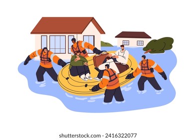 El equipo de rescatistas salva a la gente de las inundaciones. Grupo rescatado flotando en un bote de seguridad. Desastre natural, tormenta, tifón: ciudad bajo el agua, casas inundadas. Ilustración vectorial aislada plana sobre fondo blanco