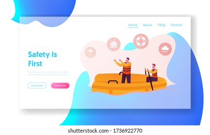 Rescues Help Injured People during Flood Landing Page Template. Characters Wear Life Vest Floating on Inflatable Boat. Umbrella, Raining Cloud, Lifebuoy and House in Water. Cartoon Vector Illustration